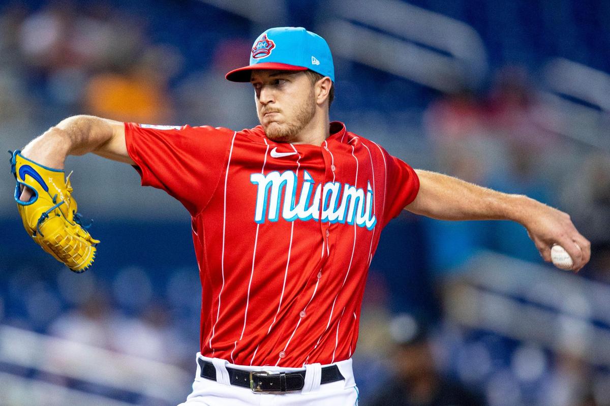 Miami Marlins pitcher Trevor Rogers (28) pitches the ball during the first inning of an MLB game against the Philadelphia Phillies at loanDepot park in the Little Havana neighborhood of Miami, Florida, on Saturday, September 4, 2021