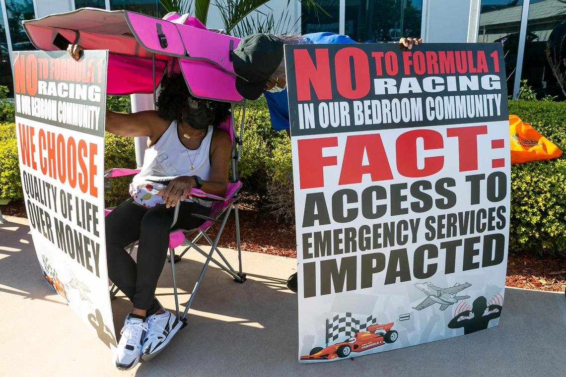 Activists gather in opposition of bringing Formula One Racing to Hard Rock Stadium outside of the Shirley M. Gibson City Hall in Miami Gardens, Florida, on Wednesday, April 14, 2021.