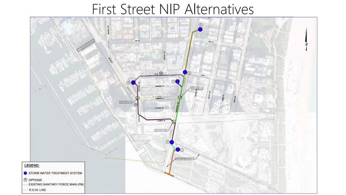 This map shows the potential locations for the First Street neighborhood flood pump project.