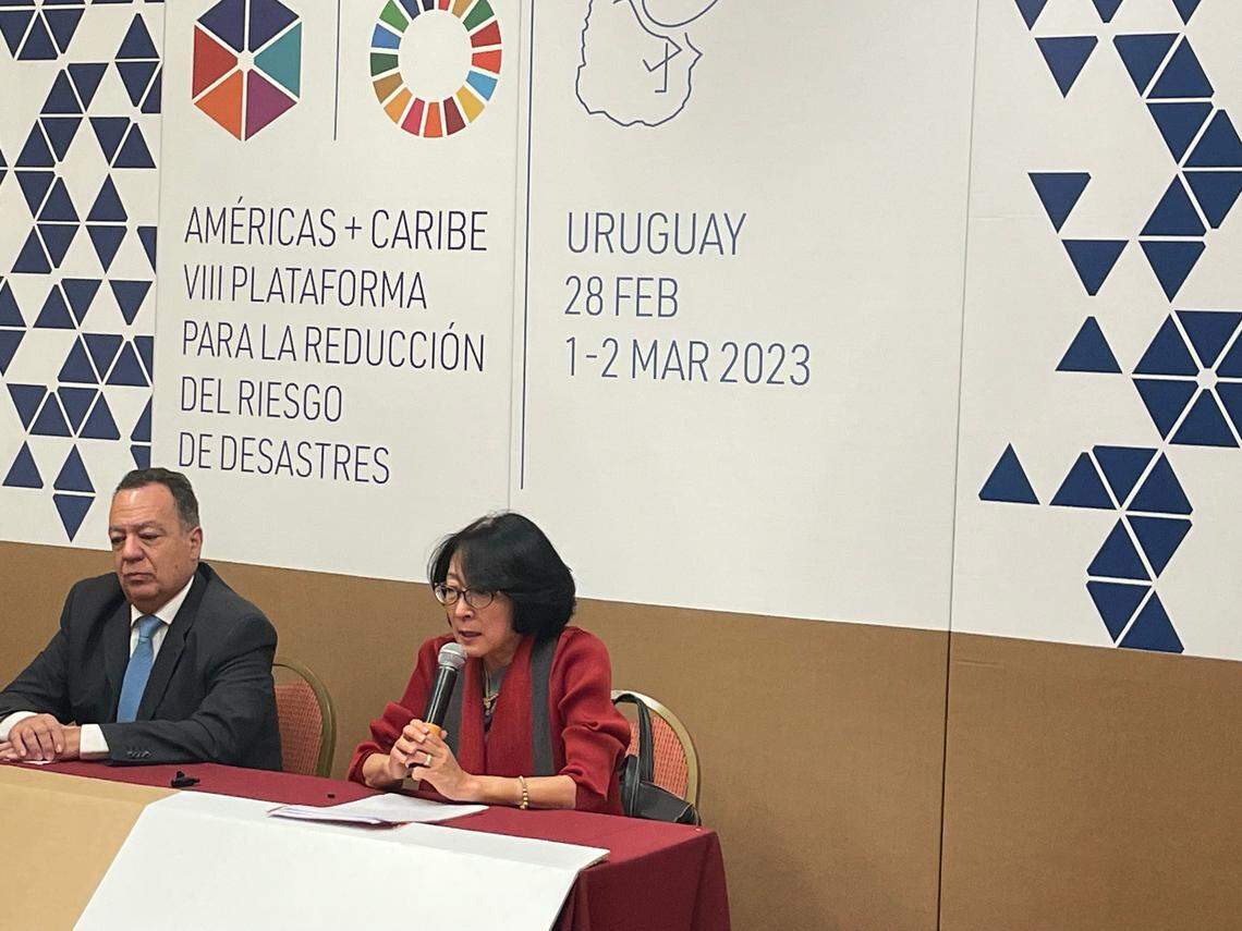 Sergio Rico of Uruguay’s National Emergency System, left, and Mami Mizutori, special representative of the U.N. Secretary-General for Disaster Risk Reduction, speak to journalists on Thursday, March 2, 2023, in Punta del Este, Uruguay. Mizutori said given the Caribbean’s vulnerability to disasters, the United Nations is equipping its office in Barbados with additional disaster risk reduction capacity to serve the entire Caribbean.