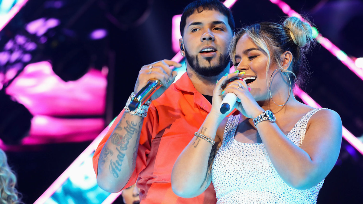 Anuel AA and Karol G perform during “El Culpables Tour” at Arena Ciudad de Mexico on April 5, 2019 in Mexico City, Mexico.