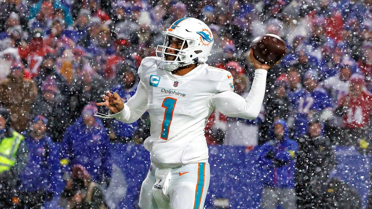 Miami Dolphins quarterback Tua Tagovailoa (1) sets up to pass during fourth quarter of an NFL football game against the Buffalo Bills at Highmark Stadium on Saturday, December 17, 2022 in Orchard Park, New York.