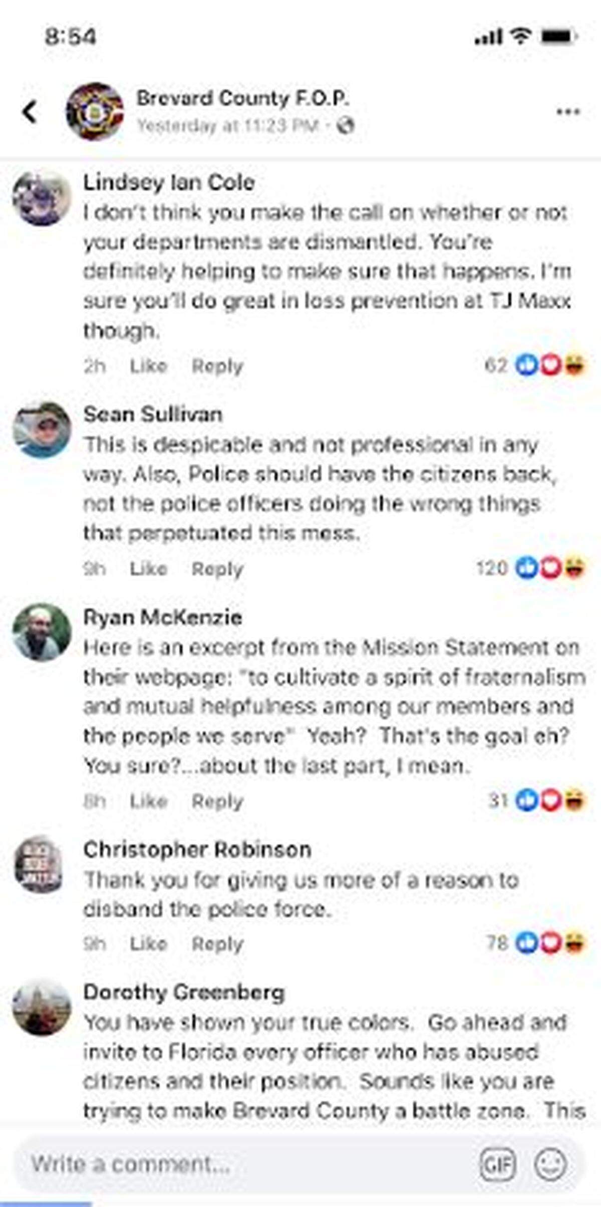 A screenshot of the first page of All Comments after Brevard County FOP’s invitation to Minneapolis police officers