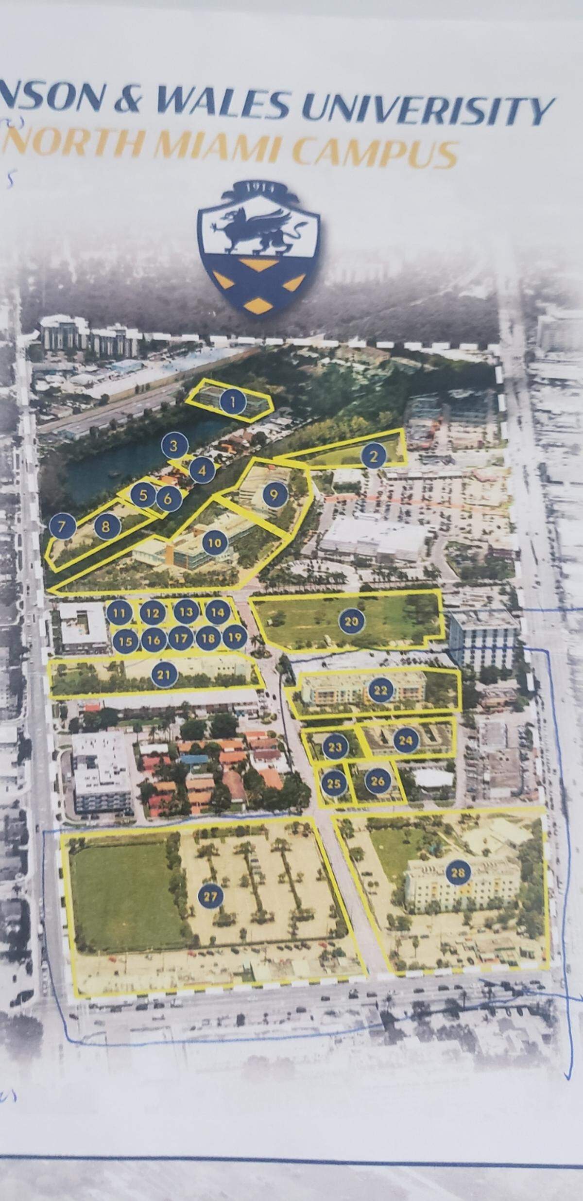 A map shows 28 parcels located on the former Johnson & Wales University campus in North Miami.