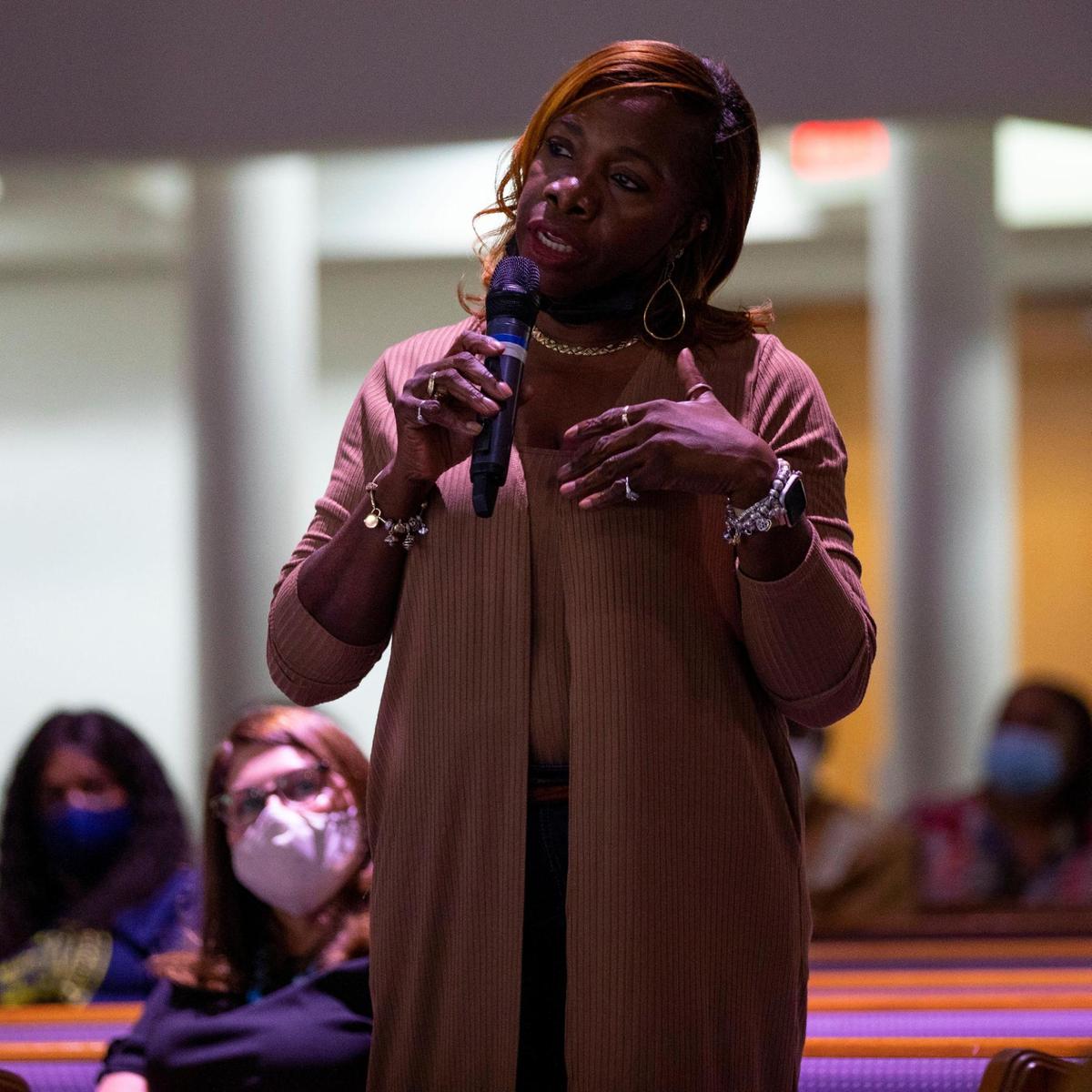 LaEatrice McMurray speaks during a Q&A sesssion following a discussion of the violent past of South Florida in regards to three victims of lynchings perpetrated near Homestead in the 1920s. The discussion was hosted by Miami-Dade TEAR at Sweet Home Missionary Baptist Church in West Perrine, Florida, on Saturday, Nov. 13, 2021.