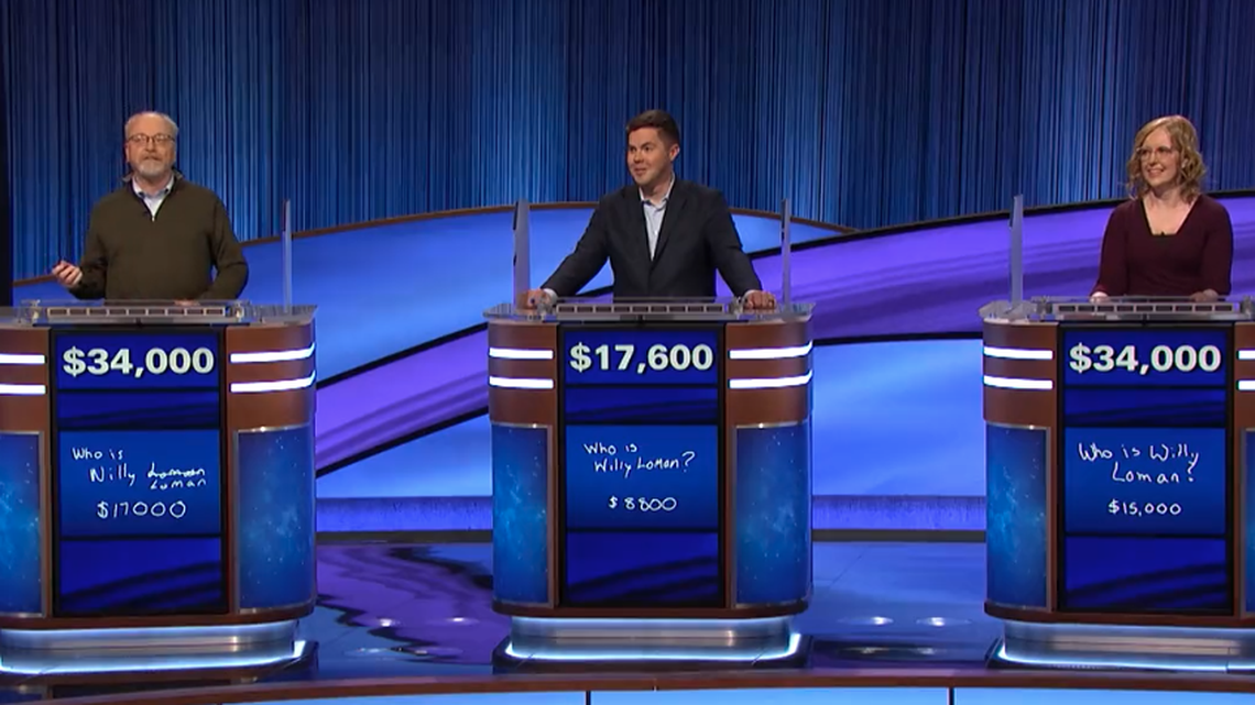Henry Rozycki, left, and Christine Whelchel, right, were tied with $34,000 each after “Final Jeopardy!” on Feb. 23, resulting in a rare tiebreaker round.
