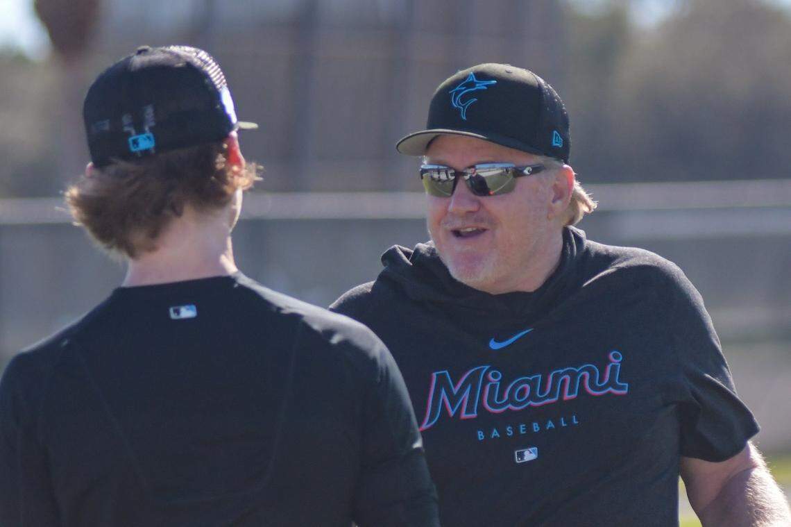 Miami Marlins pitching coach Mel Stottlemyre Jr. talks with right-handed pitcher Max Meyer on Monday, Feb. 13, 2023, in Jupiter, Florida.