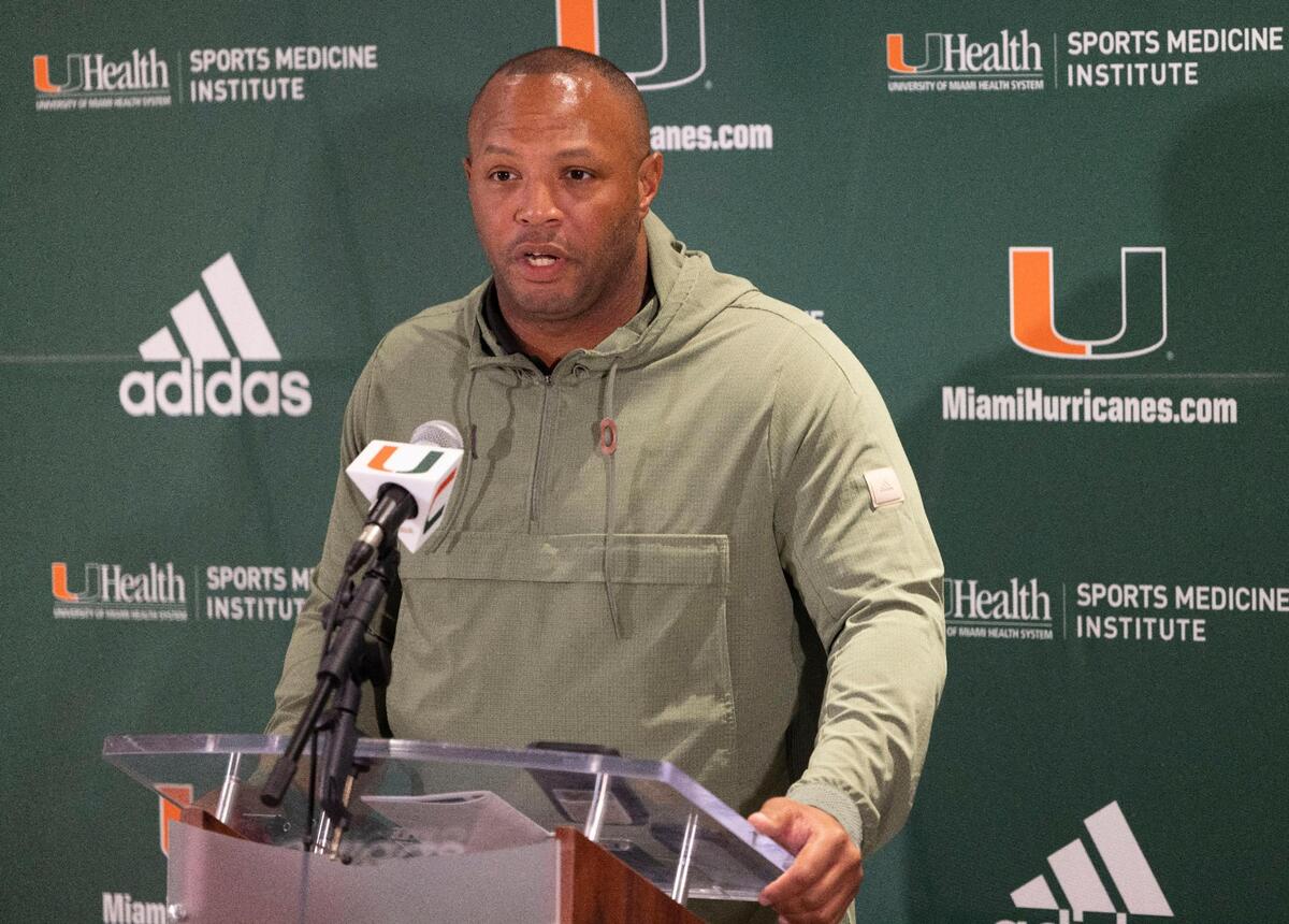 Offensive Coordinator Josh Gattis speaks during a press conference discussing player availability and the upcoming first game of the season this weekend for the University of Miami Hurricanes football team on Monday, Aug. 29, 2022, at the Schwartz Center for Athletic Excellence.