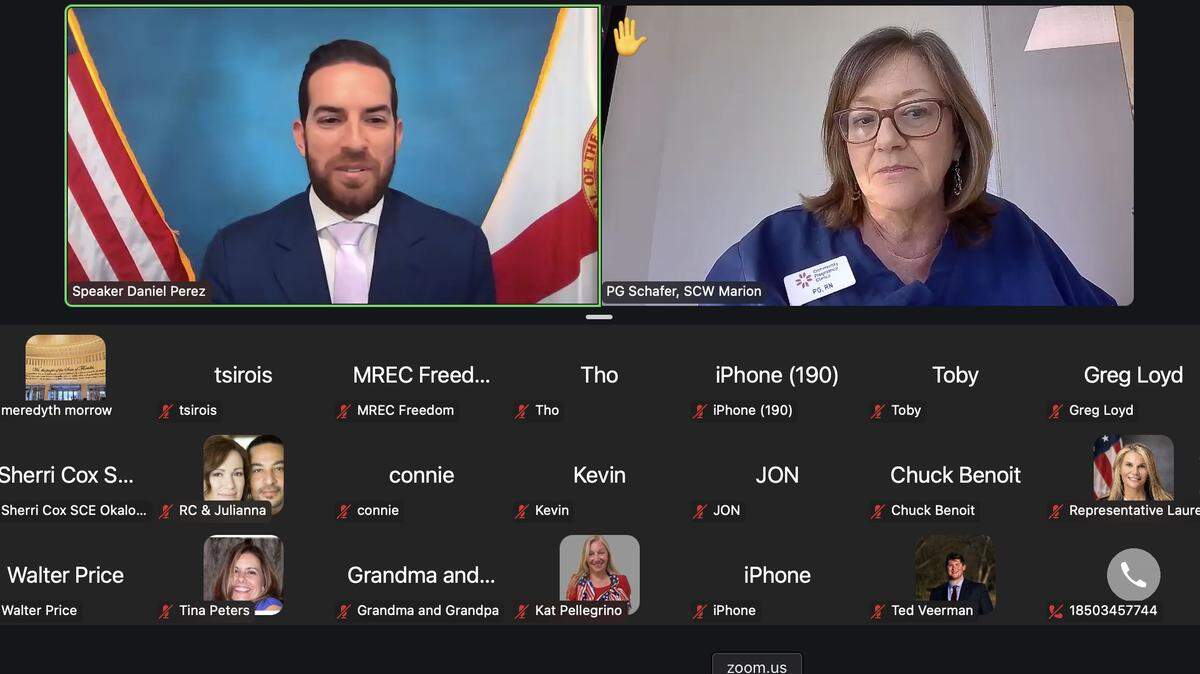 Florida House Speaker Daniel Perez, a Miami Republican, tries to explain his feud with Gov. Ron DeSantis over President Donald Trump’s immigration agenda to rank-and-file members of the state GOP party on Jan. 30, 2025.