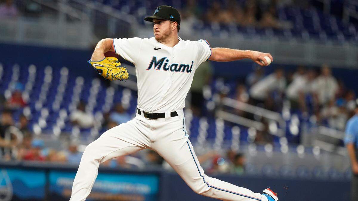 Miami Marlins starting pitcher Trevor Rogers throws a pitch during the first inning of a baseball game against the Pittsburgh Pirates, Monday, July 11, 2022, in Miami.