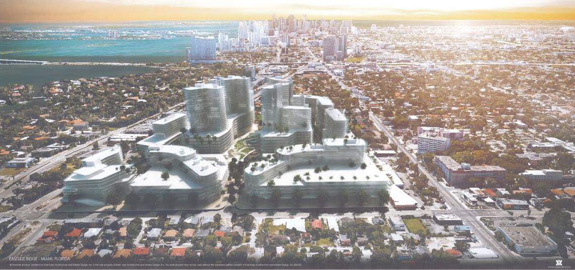 This rendering shows an aerial view of the proposed Eastside Ridge development, looking south from about 54th Avenue.