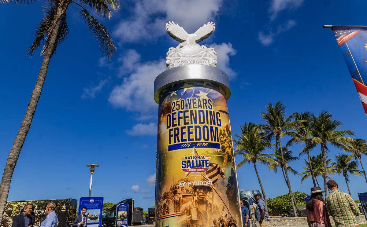 View of column on display during the unveiling “ceremony of the Miami Beach FREEDOM" outdoor exhibition on Thursday May 21 at Galería Ocean Drive in Lummus Park (between 11th and 12th Streets) to commemorate America's 250th anniversary. The exhibit features 34 weatherproof panels honoring American icons and runs through July 15, 2026.