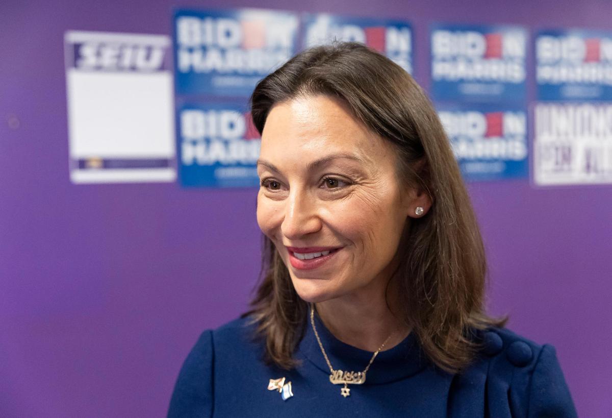 Florida Democratic Party Chair Nikki Fried talks with reporters after attending a press conference at the SEIU 1991 on Tuesday, Nov. 7, 2023, in Miami, Fla.