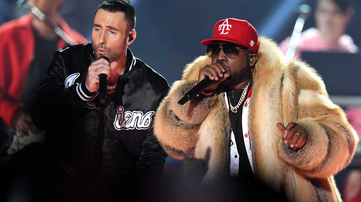 ATLANTA, GA - FEBRUARY 03: Adam Levine of Maroon 5 (L) and Big Boi perform during the Pepsi Super Bowl LIII Halftime Show at Mercedes-Benz Stadium on February 3, 2019 in Atlanta, Georgia. (Photo by Kevin Winter/Getty Images)
