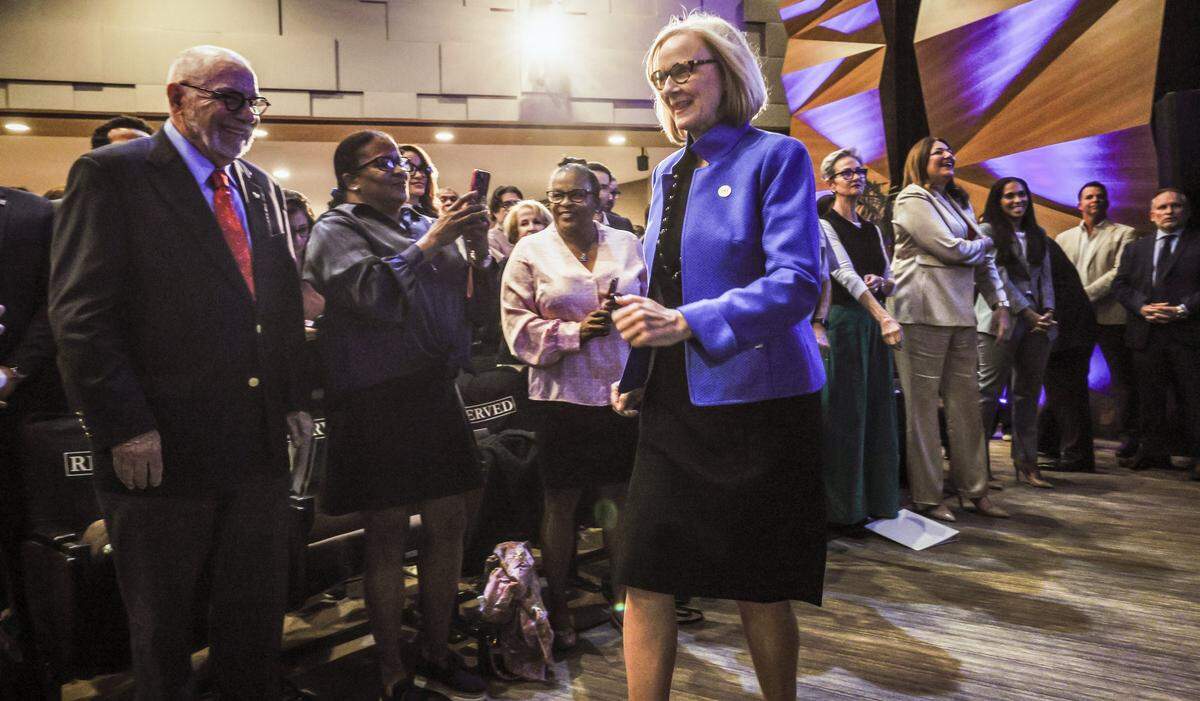 Eileen Higgins arrives for the installation ceremony as the Mayor of the City of Miami at the Miami-Dade College Wolfson Campus Auditorium in Miami, Florida, on Thursday, December 18, 2025. 