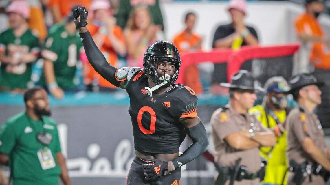 Miami Hurricanes safety James Williams (0) reacts after the defense stops the after a defensive play against the North Carolina State Wolfpack at Hard Rock Stadium in Miami Gardens on Saturday, October 23, 2021.