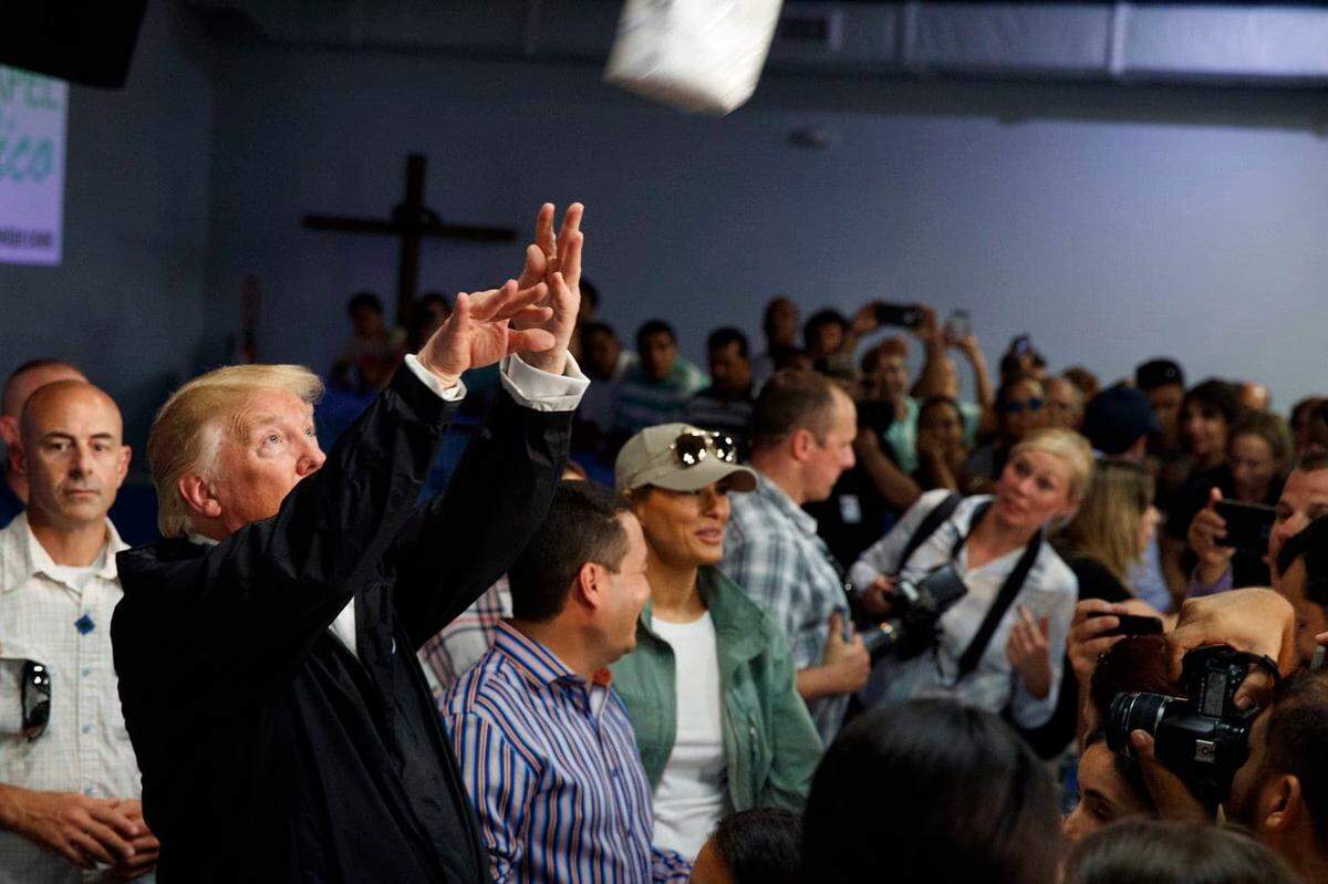 In the wake of Hurricane Maria’s destruction in 2017, President Trump tosses paper towels at a news conference in Puerto Rico.
