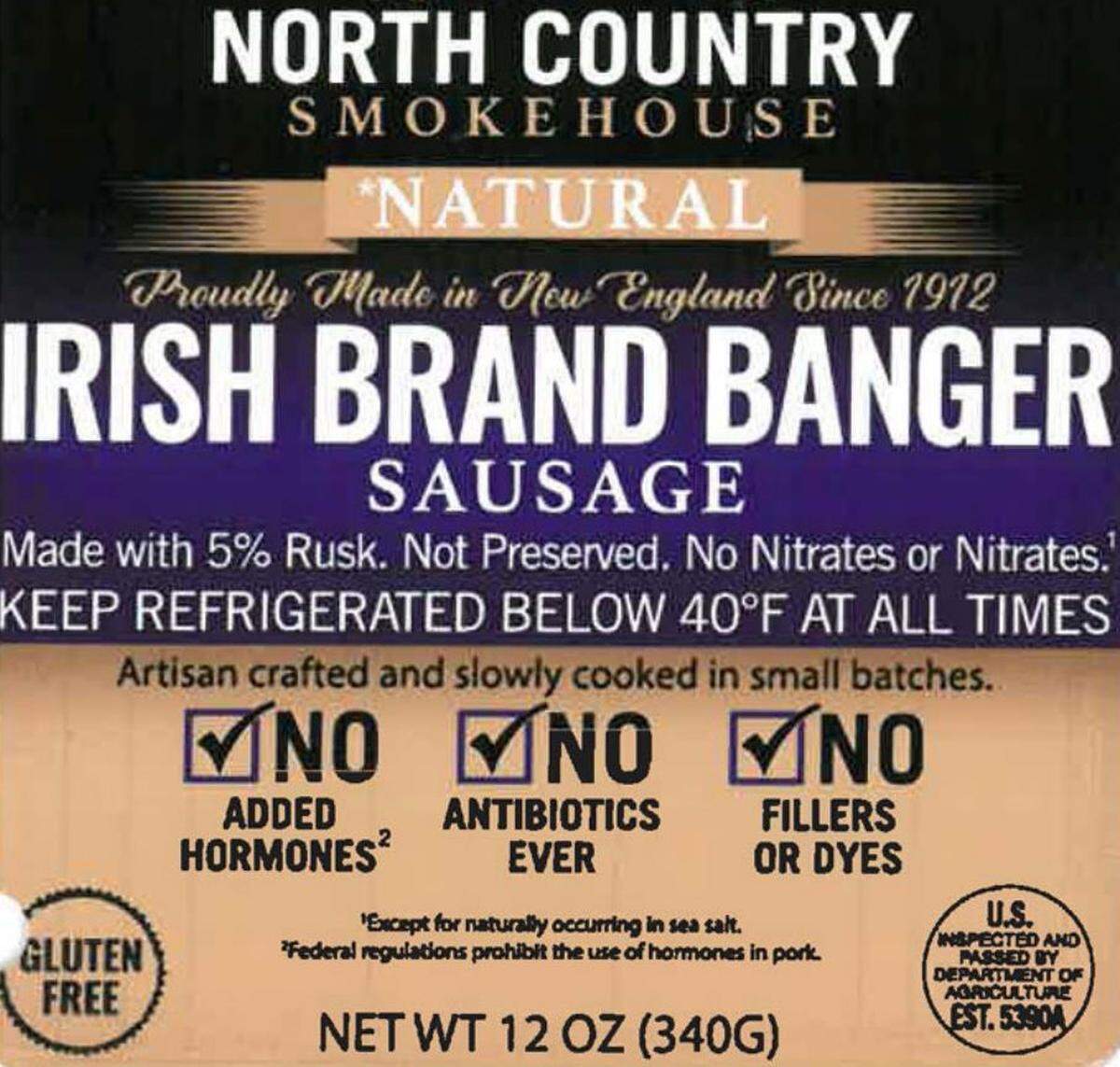 The front label declares, in the lower left corner, the sausage is gluten free