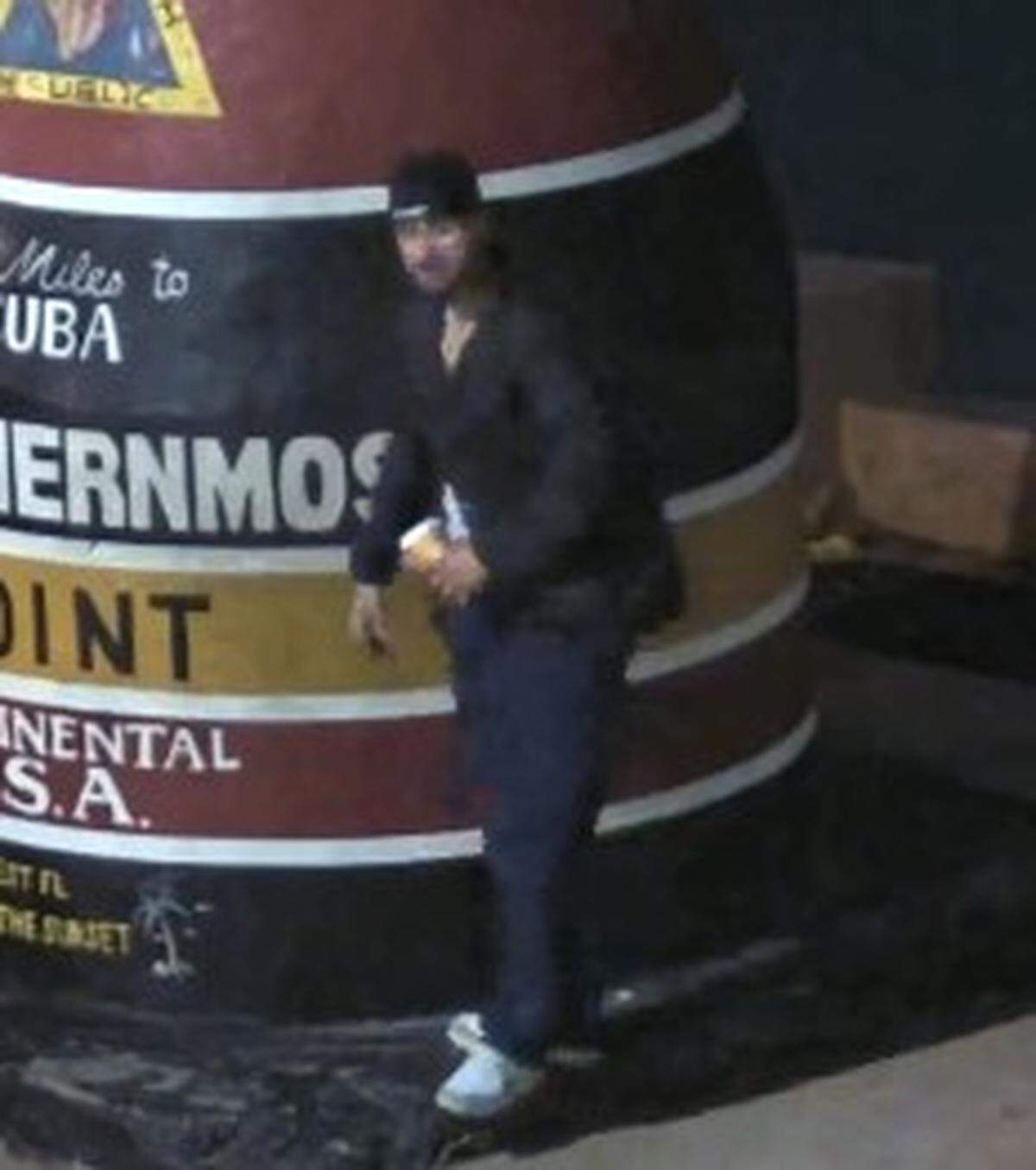 A man is photographed who Key West police say vandalized the Southernmost Point Buoy Friday night, Nov. 3, 2023.