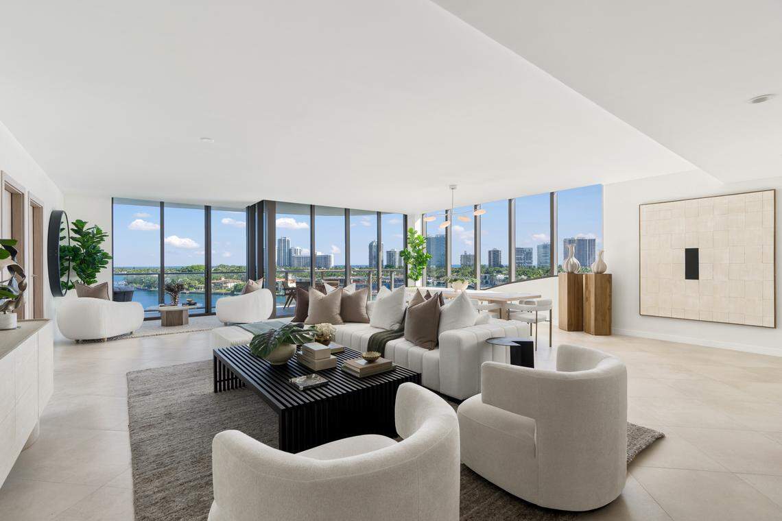 The living room in retired soccer star Ronaldo’s recently purchased Bay Harbor Islands condo.