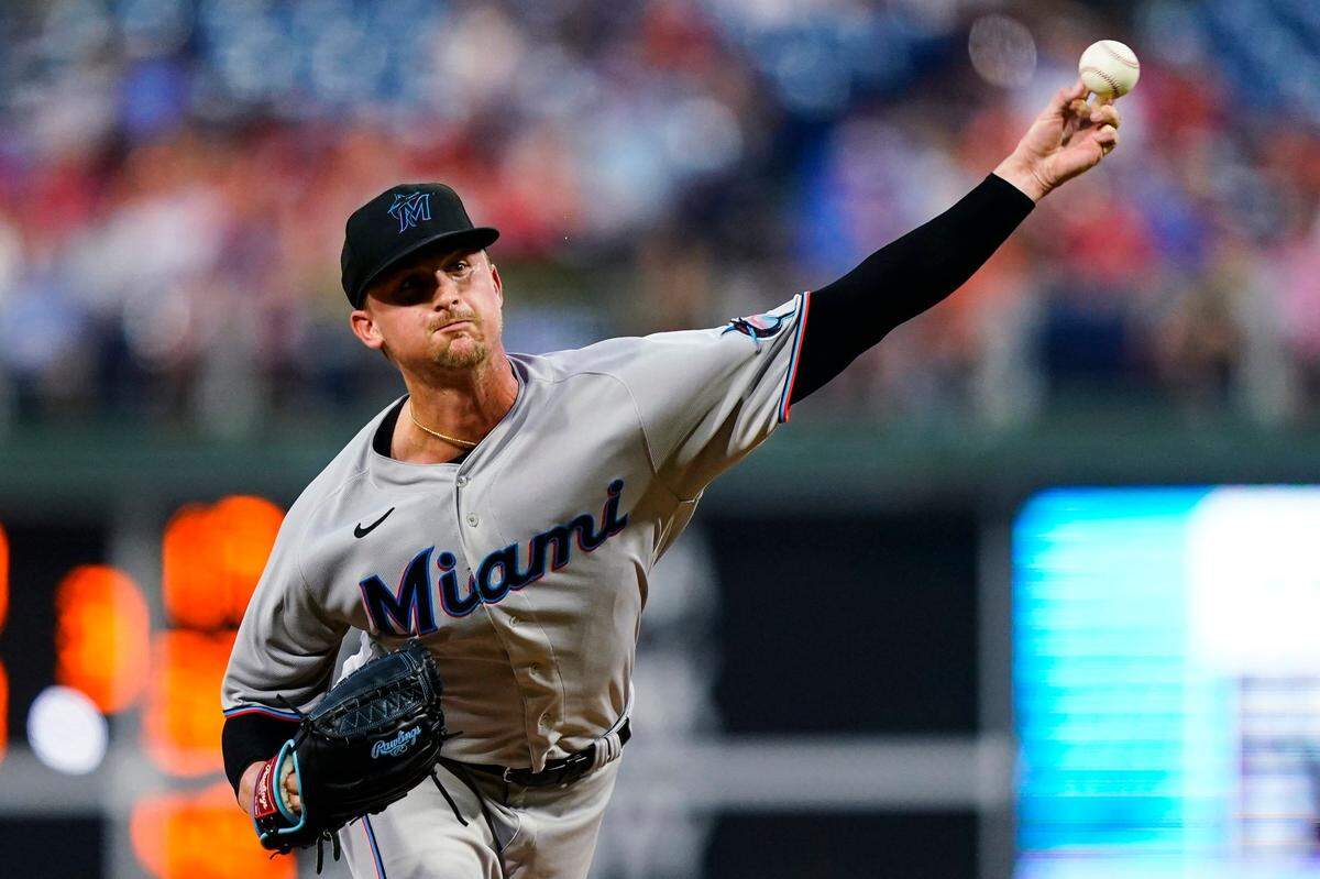 Miami Marlins’ Braxton Garrett pitches during the first inning of the team’s baseball game against the Philadelphia Phillies, Tuesday, Aug. 9, 2022, in Philadelphia. (AP Photo/Matt Rourke)
