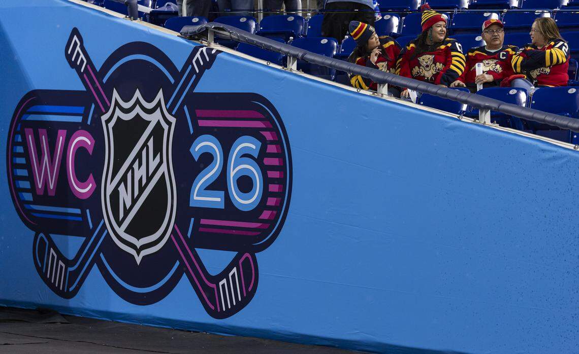 Florida Panthers look on after their team lost against the New York Rangers in their Winter Classic outdoor hockey game at loanDepot park on Friday, Jan. 2, 2026, in Miami, Fla.