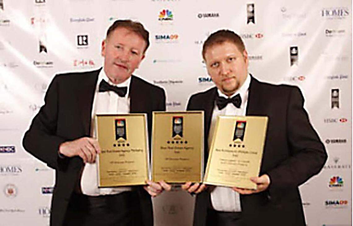 Italian real estate developer Antonio Velardo, right, and his Irish business partner Henry James Fitzsimons accepting an award on behalf of their company VFI Overseas Property at the 2009 CNBC European Property Awards.