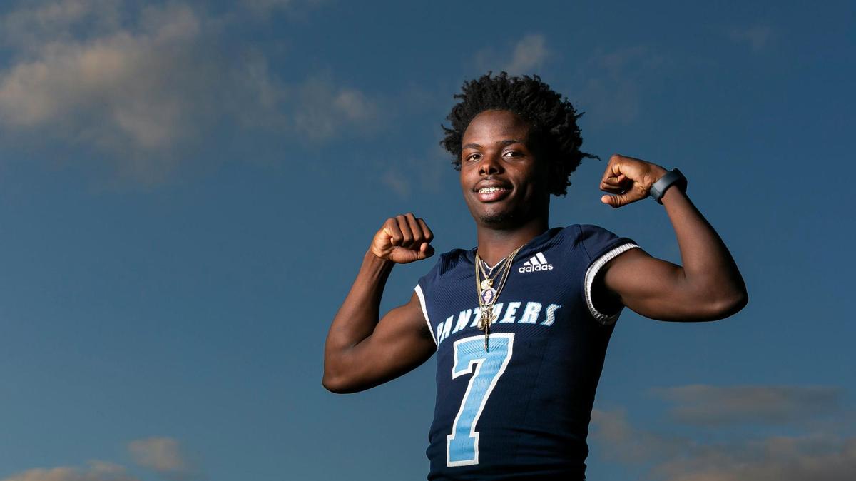 Dade Big School Football Defensive Player of the Year Mike Jackson, from Miami Palmetto Senior High School, is photographed at A.D. Barnes Park in Miami, Florida on Thursday, January 13, 2022.