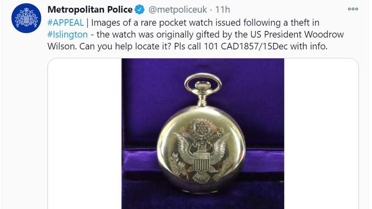A pocket watch gifted by Woodrow Wilson was stolen from an antique store in London, police say.