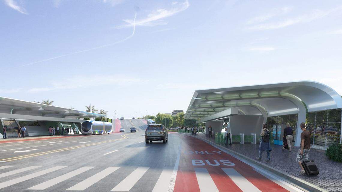 A rendering of how a station may look in an East-West rapid-transit bus system that won approval Thursday, Oct. 22, 2020, from Miami-Dade’s Transportation Planning Organization board.