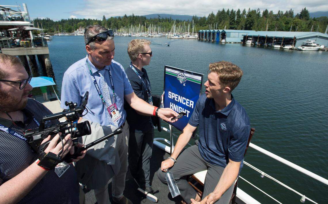NHL top prospect Spencer Knight, of Stamford, Conn., speaks to the media during an NHL hockey draft top prospects media availability in Vancouver, British Columbia, Thursday, June 20, 2019. (Jonathan Hayward/The Canadian Press via AP)