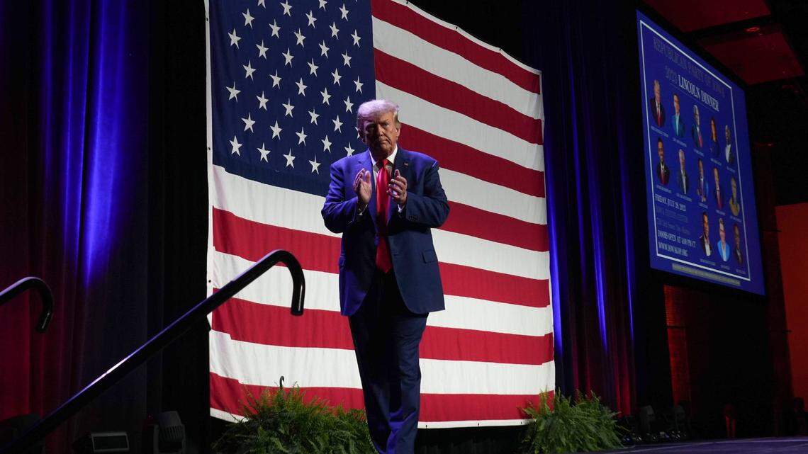 Former President Donald Trump on July 28 at the Iowa Events Center in Des Moines.