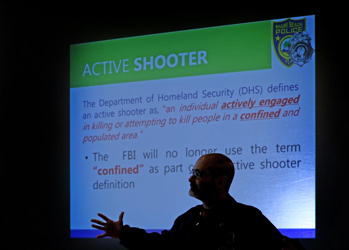 Miami Beach Police Officer Noel Castillo gives an active shooter presentation at a local hotel on Tuesday, Jan. 22, 2019.