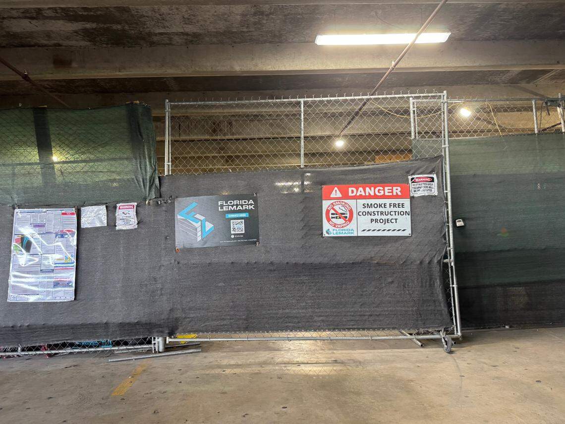A section of the Green Garage at Jackson Memorial Hospital’s Miami campus is closed for renovations as part of the county’s 30-year recertification process on Friday, April 25, 2025.