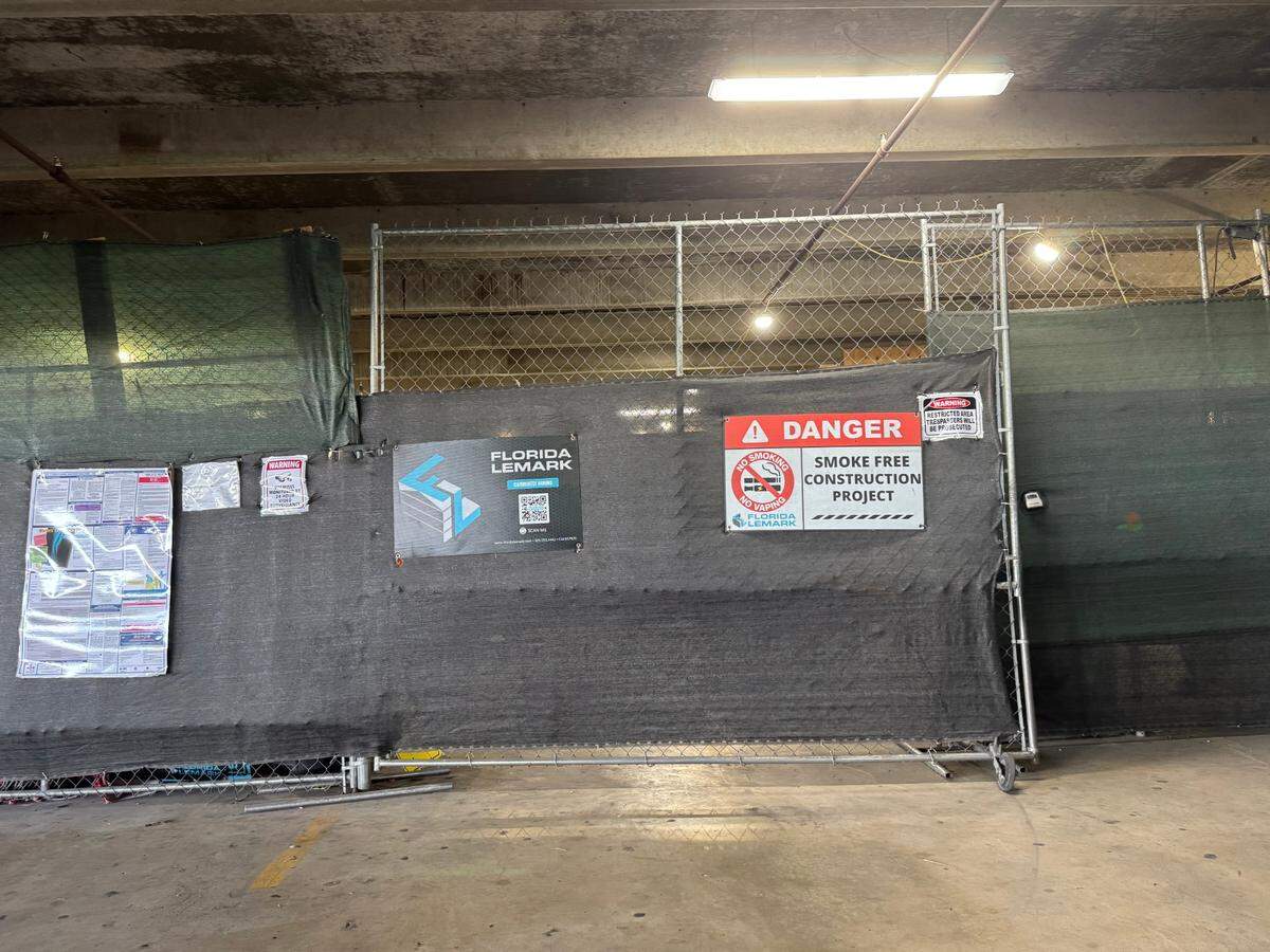 A section of the Green Garage at Jackson Memorial Hospital’s Miami campus is closed for renovations as part of the county’s 30-year recertification process on Friday, April 25, 2025.