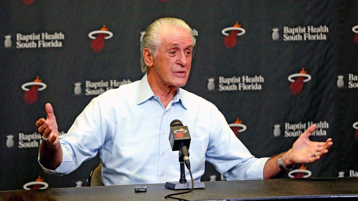 Miami Heat’s Pat Riley, President of the Miami Heat, talks with the media at a season-end press conference at the AmericanAirlines Arena, April 30, 2018.