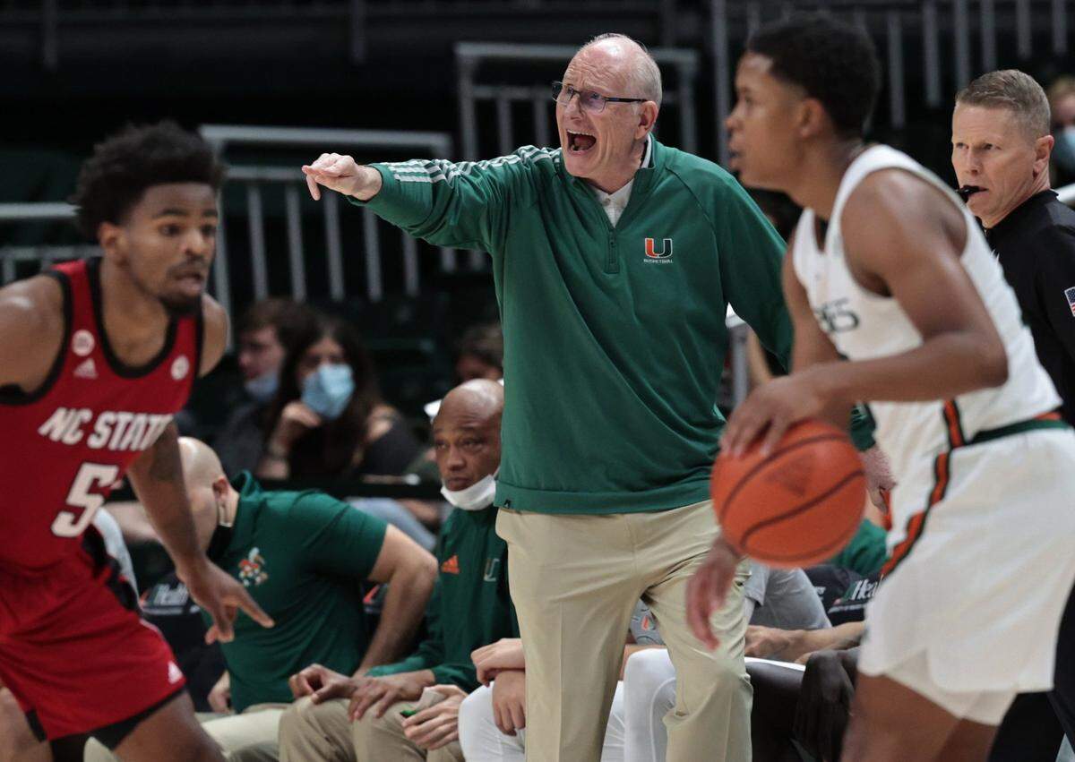 Miami Hurricanes head coach Jim Larranaga reacts during game against North Carolina State Wolfpack in the second half at the Watsco Center in Coral Gables on Wednesday, December 29, 2021.