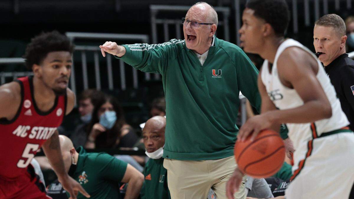 Miami Hurricanes head coach Jim Larranaga reacts during game against North Carolina State Wolfpack in the second half at the Watsco Center in Coral Gables on Wednesday, December 29, 2021.
