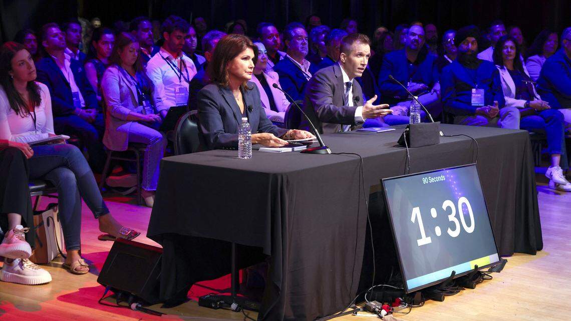 Moderators NBC 6 Anchor Jackie Nespral and Miami Herald Politics Editor David Smiley ask mayoral candidates, Emilio T. Gonzalez, Eileen Higgins, Ken Russell, and Xavier L. Suarez questions during the Miami Mayoral Debate inside the Ziff Ballet Opera House at the Adrienne Arsht Center in Miami, FL, on Thursday, October 16, 2025. 