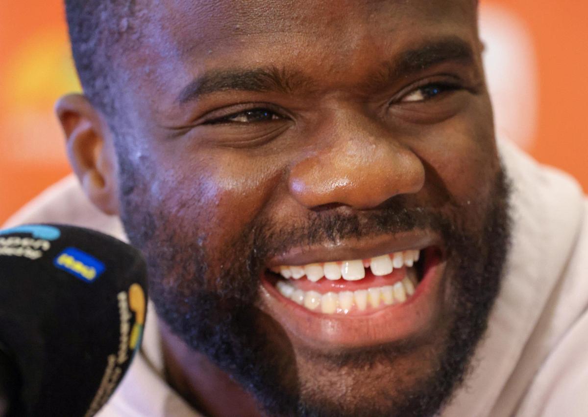 American tennis player Francis Tiafoe smiles as he answers questions during Media Day at the Miami Open at the Hard Rock Stadium on Tuesday, March 19, 2024, in Miami Gardens, Florida.
