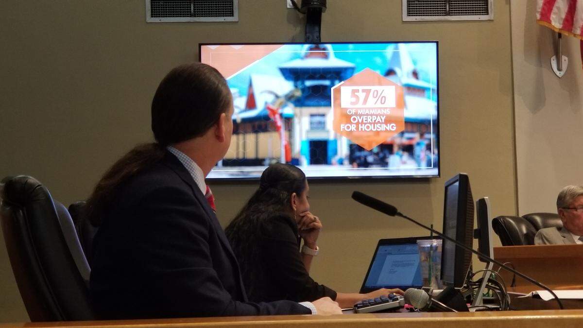 City of Miami staffers watch a visual presentation of the proposed Miami Affordable Housing Master Plan at City Hall on Friday, January 31, 2020.