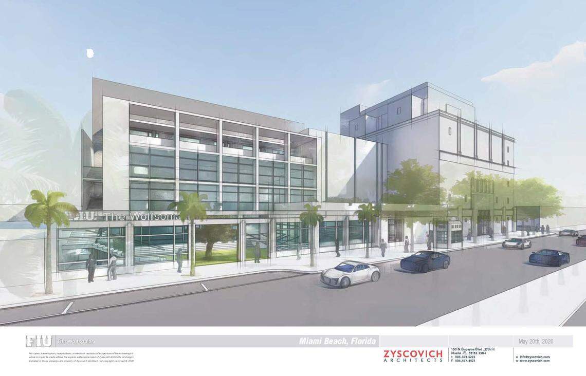 An architectural rendering shows a proposed addition, at left, to the historic Wolfsonian-FIU museum building on Washington Avenue in Miami Beach. The addition would sit behind the preserved Art Deco facades of two commercial buildings.