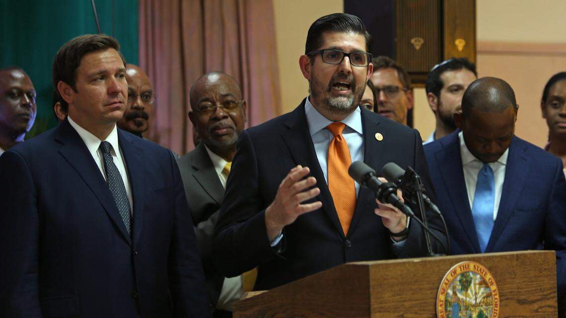 Sen. Manny Diaz Jr., R-Hialeah, and Florida Gov. Ron DeSantis at William A. Kirlew Junior Academy, a Seventh-day Adventist K-8 school in Miami Gardens, in 2019.