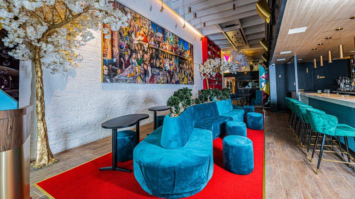 The first level of the new Crudos Art House restaurant and lounge in Coral Gables includes a giant painting inspired by Paolo Beronese’s “The Wedding Feast at Cana.” Upstairs is Aka, a Japanese whiskey and cocktail bar.