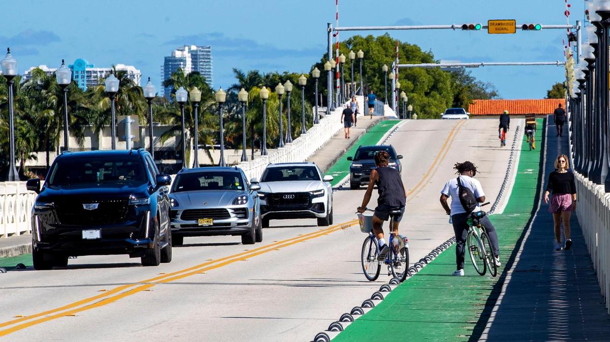 A man on a bicycle veers through newly installed “armadillo” separators into the Venetian Causeway car lane to avoid another cyclist who has stopped in the green bike lane to check her phone. Critics say the “armadillos,” designed to protect cyclists from motor vehicles, create new hazards by making it nearly impossible to safely pass slower users or avoid debris and other obstacles within the causeway’s narrow bike lanes.