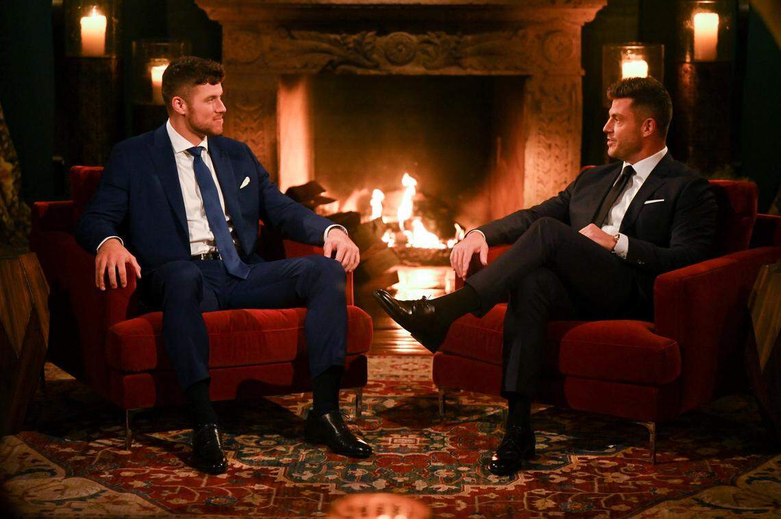 Clayton Echard, left, and Jesse Palmer are teamed up for the season of “The Bachelor.” Fans have commented on the duos similar appearances, with some joking that they cannot tell the two former NFL players apart.