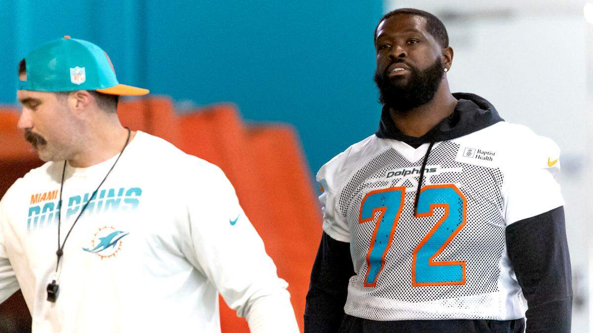 Miami Dolphins offensive tackle Terron Armstead (72) looks on during NFL mandatory minicamp at Baptist Health Training Complex in Hard Rock Stadium on Tuesday, June 4, 2024, in Miami Gardens, Fla.