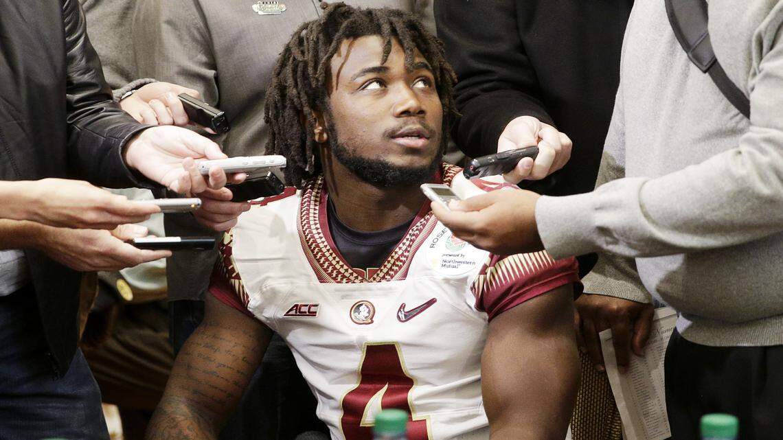 Florida State running back Dalvin Cook answers questions during media for the Rose Bowl on Monday, Dec. 29, 2014, in Los Angeles. 