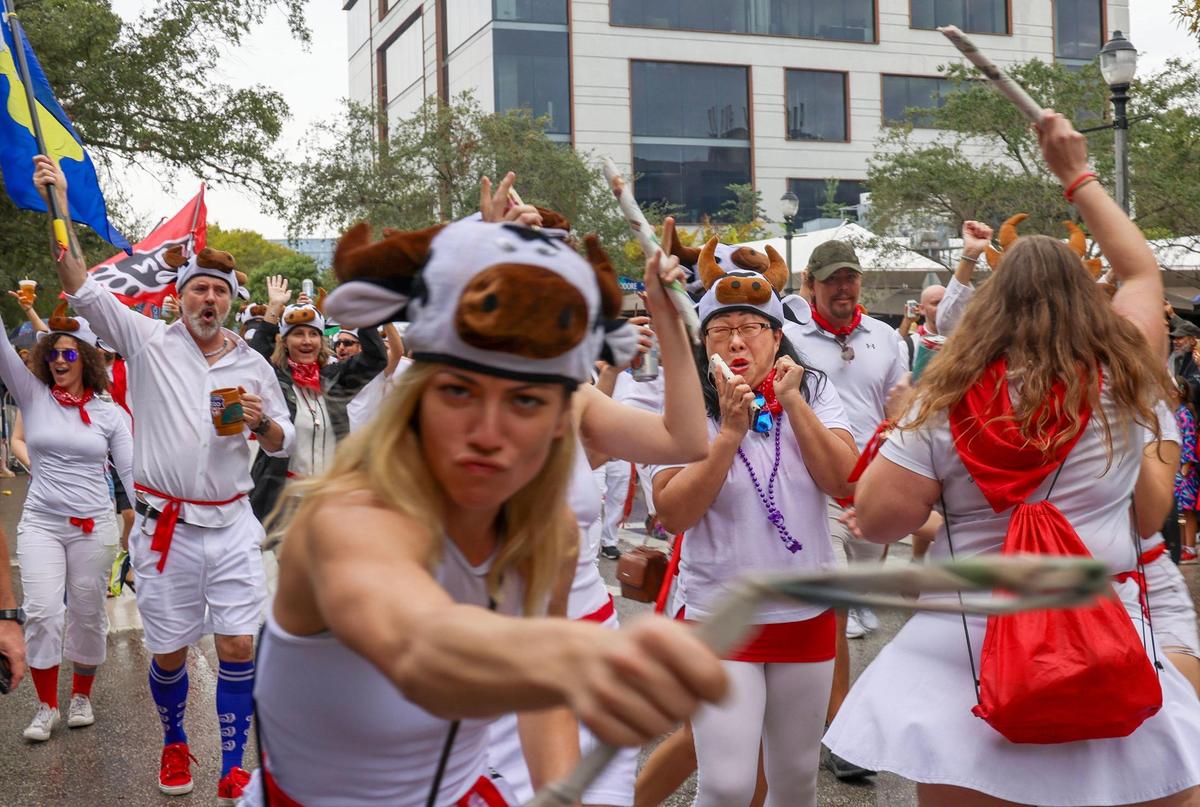 Mayhem runs rampant as the “Running of the Bullshitters” took to the street during the parade. It was singing, dancing, and parading in the rain as Coconut Grove held its annual satirical parade on Sunday, January 7, 2023 in Miami, Florida.