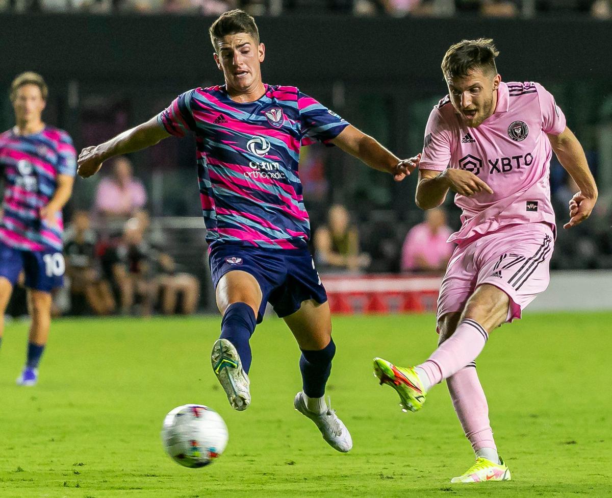 Inter Miami CF midfielder Indiana Vassilev (17) tries to kick the ball towards the goal against Tormenta FC during the first half of their U.S. Open Cup soccer match at DRV PNK Stadium on Tuesday, May 10, 2022, in Fort Lauderdale, Florida.